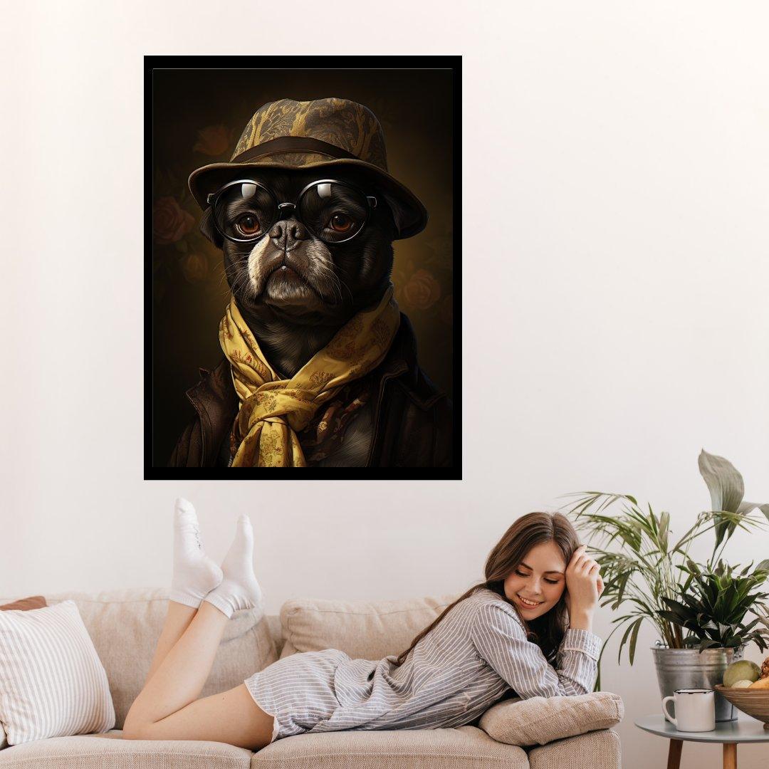 Mops mit Hut und Schal 30x40 cm / 12x16″ / Poster auf halbmattem Papier